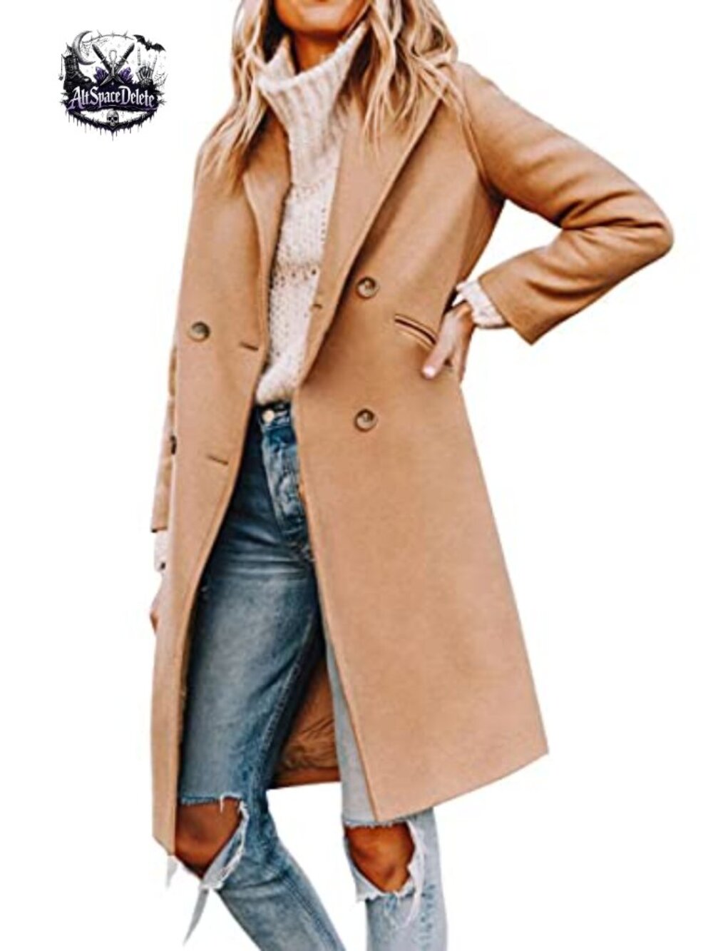 Women's Notched Lapel Double Breasted Pea Coat Mid Long Coat